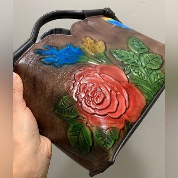 Genuine Distressed Leather Relief Floral & Butterfly Embossed Satchel/Crossbody - Picture 11 of 16